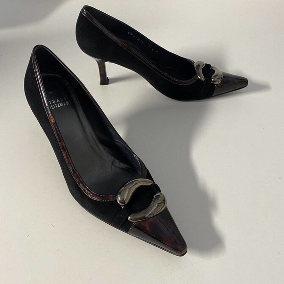 Stuart Weitzman Pump Black Suede Tortoise Shell Patent Trim Cap Point To… - Picture 9 of 10